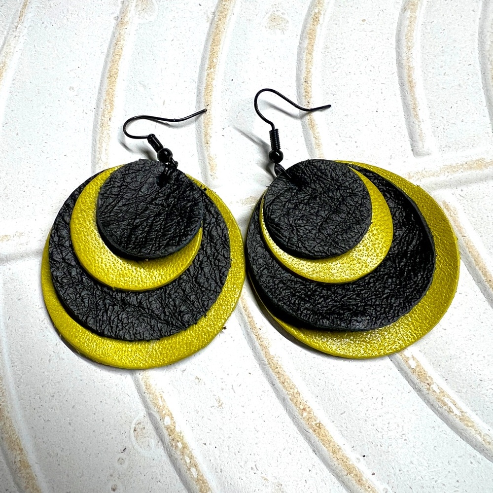 Leather circle earrings, black and white gold, App state, Appalachian, school